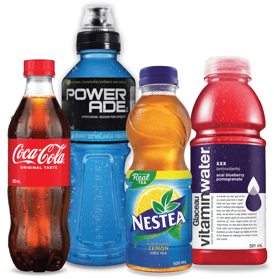 A line of bottles starting with Coke, Powerade, Nestea and Vitamin Water